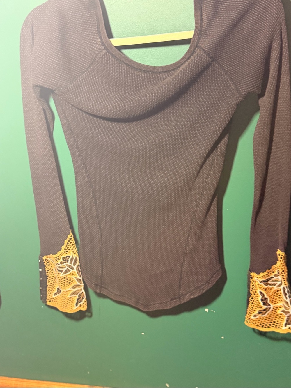 Free People Brown Long Sleeve Top with Gold Lace Cuffs